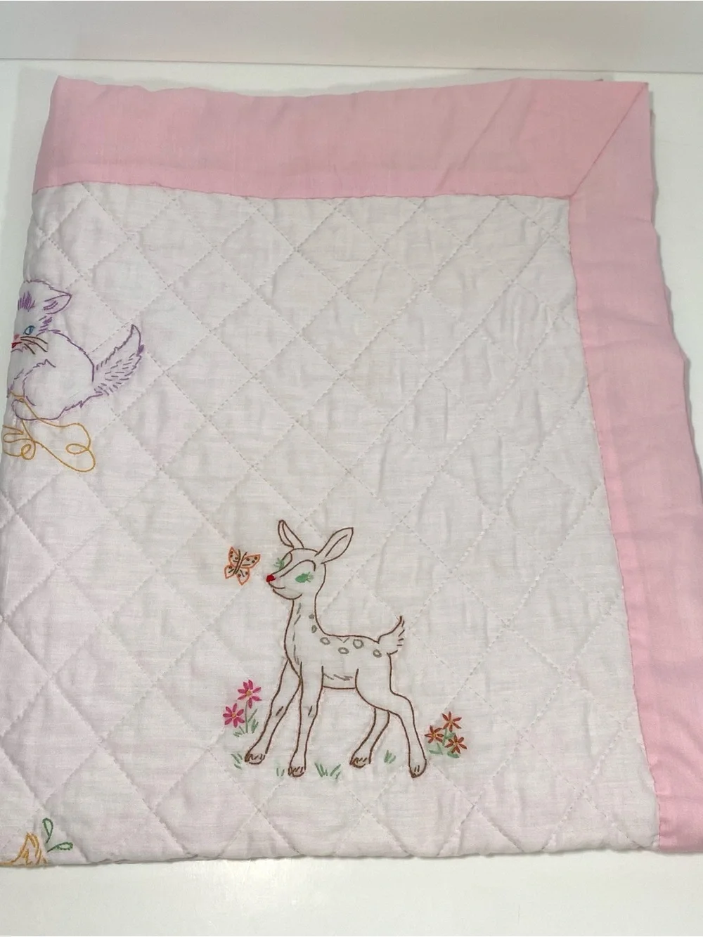 Vintage White & Pink Quilted Baby Blanket with Embroidered Animals